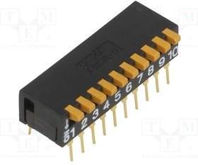 A6DR-0100, Переключатель DIP-SWITCH, Кол-во секций 10, ON-OFF, 0,03A/30VDC