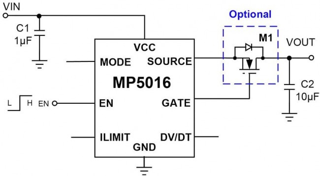 MP5016HGQH-P, Power Load Distribution Switch, Active High, 1 Output, 22 V Input, 5 A, 0.043 ohm, QFN-10