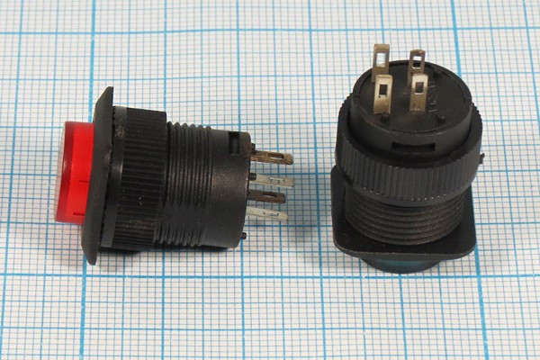 Выключатель кнопочный с фиксацией SPST, OFF-ON, красного цвета, 220В/3А, посадочный d16мм; №2040 R ПКн\250\ 3\SPST\d16\чер\ ILкрСд2В\\4C\R16