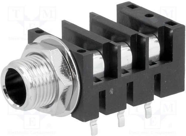 ACJS-MHDRM, Conn 1/4" Stereo Phone Jack F 3 POS 6.35mm Solder RA Thru-Hole 6 Terminal 1 Port