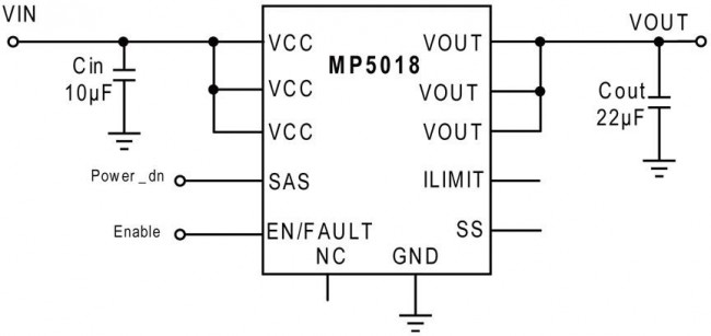MP5018GD-P, Power Load Distribution Switch, Active High, 1 Output, 5.5 V Input, 5 A, 0.045 ohm, QFN-12 MP5018GD-P, Power Load Distribution Switch, Active High, 1 Output, 5.5 V Input, 5 A, 0.045 ohm, QFN-12