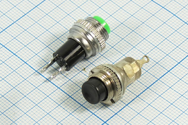 Включатель кнопочный без фиксации (SPST), OFF-(ON), черный, 220В/ 1А, d10мм, аналог [DS-314]; №116 Bl ПКн\250\ 1,0\(SPST)\d10\ мет\чер\\2C\D