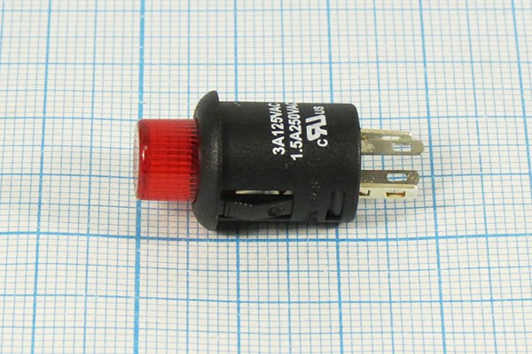 Выключатель кнопочный с фиксацией (SPST), OFF-ON красный с подсветкой, 220В/1.5А; №10700R ПКн\250\ 1,5\SPST\d12\чер\ ILкрСд3В\\4C\R13-548BL\