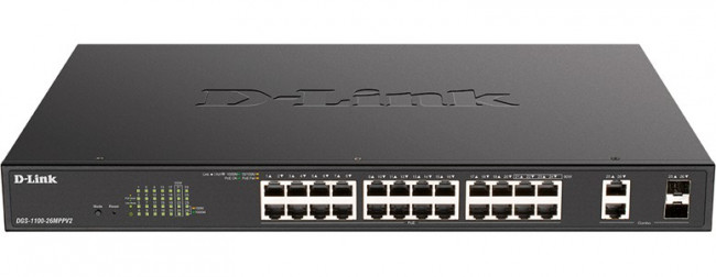 D-Link DGS-1100-26MPPV2/A3A Настраиваемый L2 коммутатор с 24 портами 10/100/1000Base-T и 2 комбо-портами 1000Base-T/SFP (порты 1-24 PoE 802. D-Link DGS-1100-26MPPV2/A3A Настраиваемый L2 коммутатор с 24 портами 10/100/1000Base-T и 2 комбо-портами 1000Base-T/SFP (порты 1-24 PoE 802.