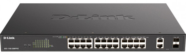 D-Link DGS-1100-26MPPV2/A3A Настраиваемый L2 коммутатор с 24 портами 10/100/1000Base-T и 2 комбо-портами 1000Base-T/SFP (порты 1-24 PoE 802. D-Link DGS-1100-26MPPV2/A3A Настраиваемый L2 коммутатор с 24 портами 10/100/1000Base-T и 2 комбо-портами 1000Base-T/SFP (порты 1-24 PoE 802.