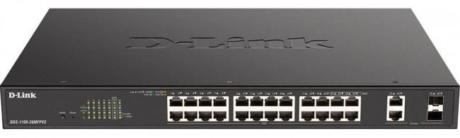 D-Link DGS-1100-26MPPV2/A3A Настраиваемый L2 коммутатор с 24 портами 10/100/1000Base-T и 2 комбо-портами 1000Base-T/SFP (порты 1-24 PoE 802. D-Link DGS-1100-26MPPV2/A3A Настраиваемый L2 коммутатор с 24 портами 10/100/1000Base-T и 2 комбо-портами 1000Base-T/SFP (порты 1-24 PoE 802.