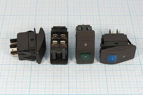 Клавишный выключатель 2-х полюсный с синей подсветкой 12В/16А, c фиксацией; №2024 B Пкл\12\16\2xON-OFF\\ чер\ILсин\\4T\RK1-06\