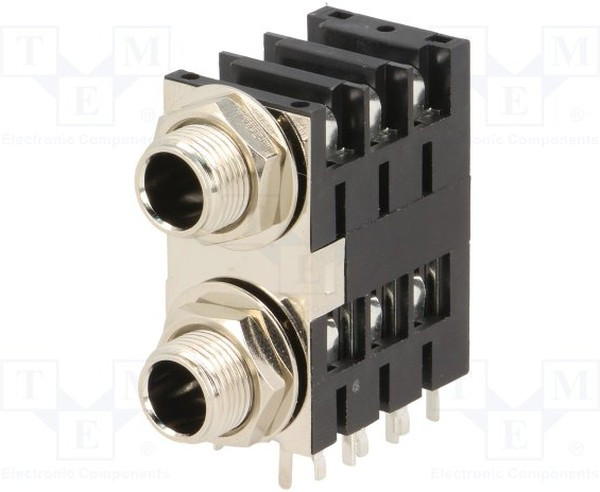 ACJS-MHDEM, Conn 1/4" Stereo Phone Jack F/F 6 POS 3.1mm/3.25mm Solder RA Thru-Hole 12 Terminal 2 Port