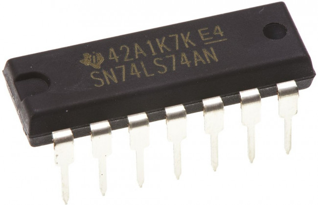 SN74LS74AN, 2 D-триггера с чисткой и сбросом, срабатыванием по положительному фронту тактового сигнала, [DIP-14]