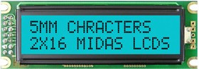 MD21605D6W-FPTLRGB, Буквенно-цифровой ЖКД, 16 x 2, Черный на RGB, 5В, Параллельный, Английский, Японский