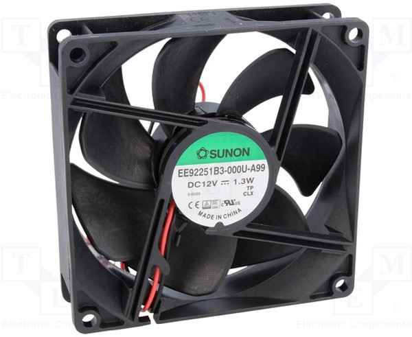 EE92251B3-A99, Вентилятор осевой, 12В DC, 92х92х25мм, 0.091А, 1.3Вт, качения, 2400об/мин, 2 провода