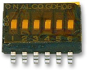 GDH06S04, DIP / SIP переключатель, 6 схем(-а), Ползунок, SMD (Поверхностный Монтаж), SPST, 24 В DC, 25 мА