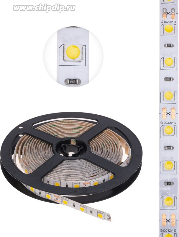 141-2030, Лента светодиодная 12В, SMD5050, 14,4Вт/м, 60 LED/м, 2700К, 10мм, 3м, для БП с клеммами, IP65