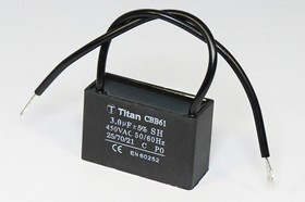 Конденсатор пусковой, емкость 3,0 мкФ, 450~В, размер 38x15x25, рабочая температура:+70C, пластик, ко Конденсатор пусковой, емкость 3,0 мкФ, 450~В, размер 38x15x25, рабочая температура:+70C, пластик, ко