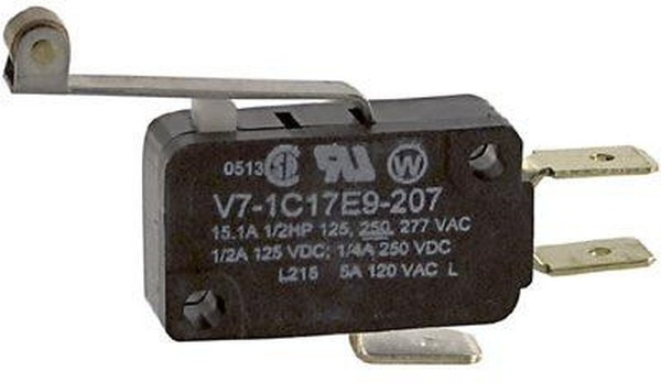 V7-1C17E9-207, Switch Snap Action N.O./N.C. SPDT Roller Lever 15.1A 277VAC 0.84N Screw Mount Quick Connect V7-1C17E9-207, Switch Snap Action N.O./N.C. SPDT Roller Lever 15.1A 277VAC 0.84N Screw Mount Quick Connect