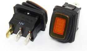 Переключатель клавишный, контакты 3T, 20А, 12В, ON-OFF, подсветка ILжелтая, R13-66B8WG