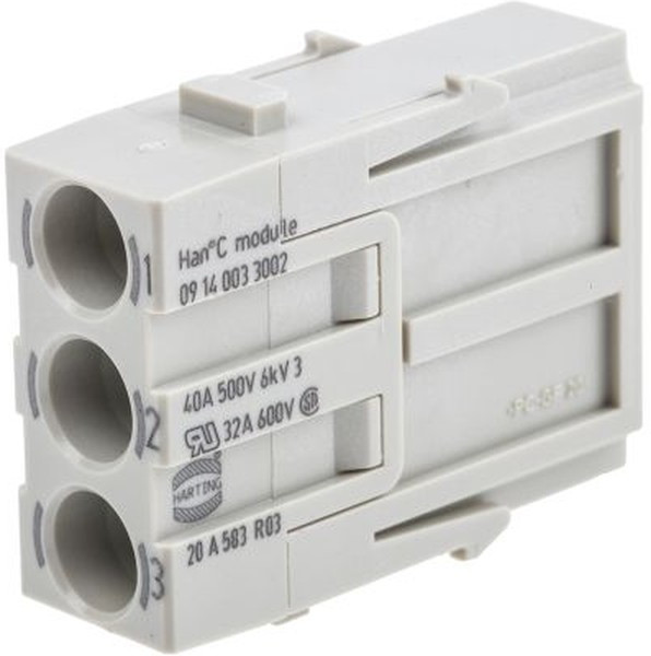 09140033002, Heavy Duty Power Connector Module, 40A, Male, Han-Modular Series, 3 Contacts 09140033002, Heavy Duty Power Connector Module, 40A, Male, Han-Modular Series, 3 Contacts