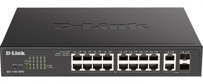 D-Link DGS-1100-18PV2/A3A Настраиваемый L2 коммутатор с 16 портами 10/100/1000Base-T и 2 комбо-портами 1000Base-T/SFP (16 портов PoE 802.3af D-Link DGS-1100-18PV2/A3A Настраиваемый L2 коммутатор с 16 портами 10/100/1000Base-T и 2 комбо-портами 1000Base-T/SFP (16 портов PoE 802.3af