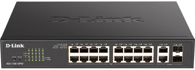 D-Link DGS-1100-18PV2/A3A Настраиваемый L2 коммутатор с 16 портами 10/100/1000Base-T и 2 комбо-портами 1000Base-T/SFP (16 портов PoE 802.3af D-Link DGS-1100-18PV2/A3A Настраиваемый L2 коммутатор с 16 портами 10/100/1000Base-T и 2 комбо-портами 1000Base-T/SFP (16 портов PoE 802.3af