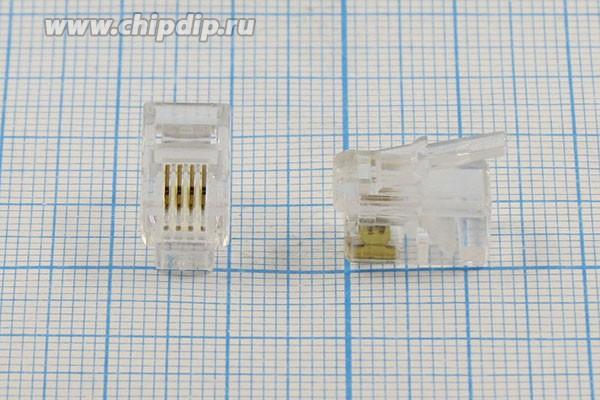 Разъем телефонный 4P4C вилка, контакты 4C, на кабель, обжимной, TP4P4C