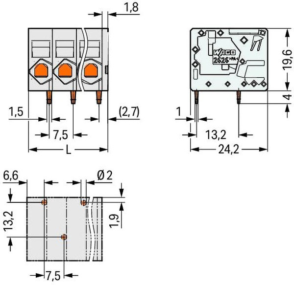 2626-1102/020-000, Клеммная колодка типа провод к плате, 7.5 мм, 2 вывод(-ов), 20 AWG, 8 AWG, 10 мм², Вставной