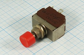 Выключатель кнопочный DPST, OFF-ON, красный, 220В/5А; №325 R ПКн\250\ 5\DPDT\d12\мет\ кр\\4C\П2КА-3\