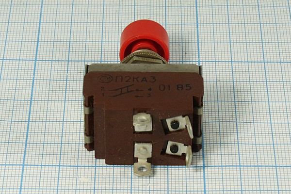 Выключатель кнопочный DPST, OFF-ON, красный, 220В/5А; №325 R ПКн\250\ 5\DPDT\d12\мет\ кр\\4C\П2КА-3\
