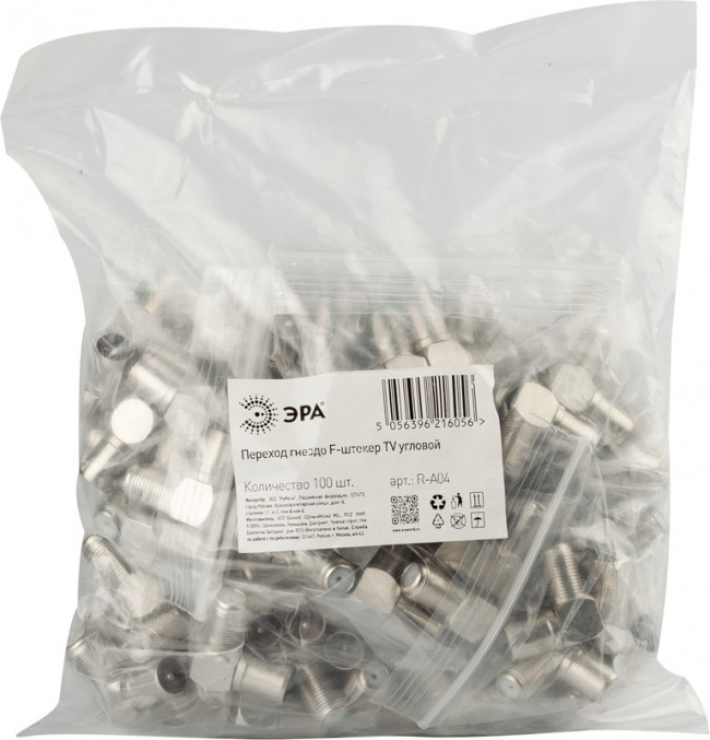 Переходник ЭРА гнездо F-штекер TV угловой упаковка 100 шт. Б0048296