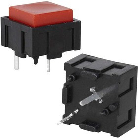 PB13-A-RN-S, Миниатюрная кнопка без фиксации , 2 контакта, квадратная, корпус черный, кнопка красная