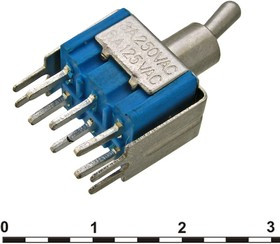 MTS-202-A2T on-on, Микротумблер MTS-202-A2T, ON-ON, DPDT, 3 А, 250 В, 20 мОм, установочное отверстие 6,4 мм, 6 контактов