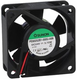 PE60252B1-A99, Вентилятор осевой, 24В DC, 60x60x25мм, подшипник качения, 61,16куб.м/ч, 44дБА, 26AWG