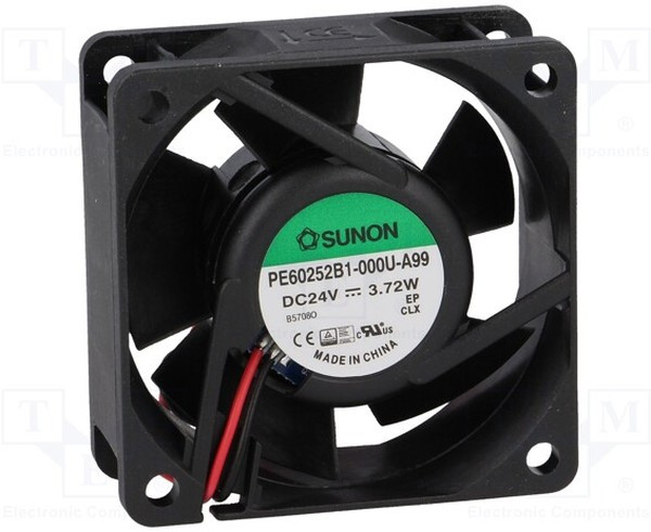 PE60252B1-A99, Вентилятор осевой, 24В DC, 60x60x25мм, подшипник качения, 61,16куб.м/ч, 44дБА, 26AWG PE60252B1-A99, Вентилятор осевой, 24В DC, 60x60x25мм, подшипник качения, 61,16куб.м/ч, 44дБА, 26AWG