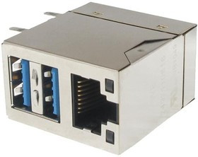 7497110616, Modular Connectors / Ethernet Connectors WE-RJ45 Int XFMR THT 1x1 2xUSB3.0 TUp EM
