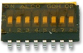 GDH08S04, DIP / SIP переключатель, 8 схем(-а), Ползунок, SMD (Поверхностный Монтаж), SPST, 24 В DC, 25 мА GDH08S04, DIP / SIP переключатель, 8 схем(-а), Ползунок, SMD (Поверхностный Монтаж), SPST, 24 В DC, 25 мА