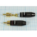 Разъем RCA вилка, 4-6мм, на кабель, черный / золотой / 1 красный, металлический хвост