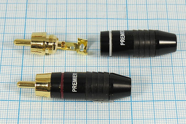 Разъем RCA вилка, 4-6мм, на кабель, черный / золотой / 1 красный, металлический хвост