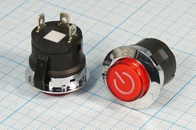 Выключатель кнопочный с фиксацией SPST, ON-OFF, красный с подсветкой, 12В/6А; №14915R ПКн\ 12\ 6\SPST\d26\мет\ ILкр\\3C\PBS-3/12V\