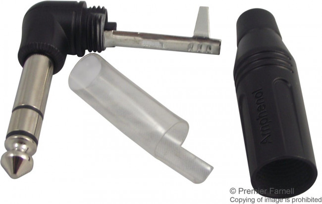 ACPS-RB, Вилка, Jack 6,35мм, "папа", stereo, угловой 90°, на провод, пайка