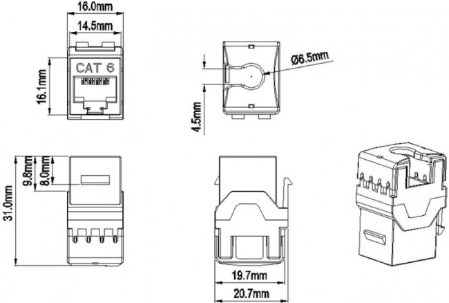 01 Вставка Hyperline, Keystone Jack RJ-45(8P8C), категория 6, белая
