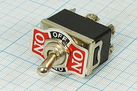 Рычажный переключатель (тумблер), 220В, 10А, переключение ON-OFF-ON, d12.2, контакты 6Cвинт, KN3B-203A