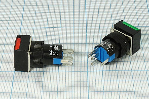 Переключатель кнопочный с фиксацией и подсветкой красный, 220В/3А, установочный d16мм; №10639R ПКн\250\ 3\SPDT\d16\чер\ ILкр\\5C\AL6F-A\