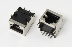 Разъем телефонный TJS-8P8C[RJ-45] розетка, контакты 8P, на плату, угловой экранированный, TJS-8P8C[RJ-45]
