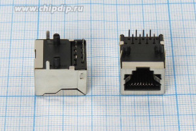 Разъем телефонный TJS-8P8C[RJ-45] розетка, контакты 8P, на плату, угловой экранированный, TJS-8P8C[RJ-45]