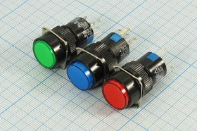 Переключатель кнопочный с фиксацией и подсветкой красный, 220В/3А, установочный d16мм; №48 R ПКн\250\ 3\SPDT\d16\чер\ ILкр\\5C\AL6Y-A\