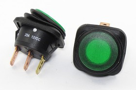 Переключатель клавишный, контакты 3T, 25А, 12В, ON-OFF, d24, подсветка ILзеленая, R13-203B8