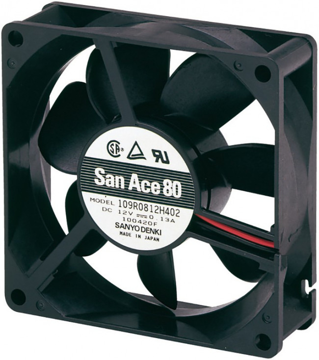 109R0812G401, DC Fans Axial Fan, 80x80x25mm, 12VDC, 53CFM, 4.44W, 40dBA, Ball, 3 Lead Wire, Tach