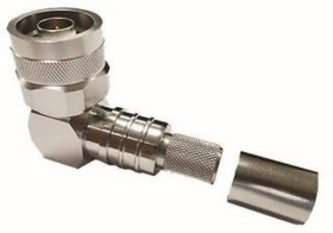 EZ-400-NMH-RA-X, RF Connectors / Coaxial Connectors N-Male (plug) crimp right angle (non-solder pin) hex/knurl nut, no braid trim EZ-400-NMH-RA-X, RF Connectors / Coaxial Connectors N-Male (plug) crimp right angle (non-solder pin) hex/knurl nut, no braid trim