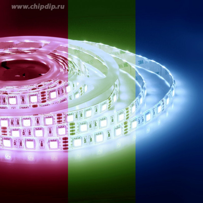 00-12 Светодиодная лента 12В, 14,4Вт/м, smd5050, 60д/м, IP65, подложка 10мм, 5м, RGB.