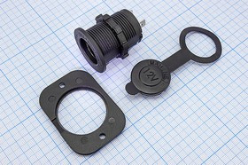 Гнездо прикуривателя под входной диаметр 20мм с защитной крышкой, на панель; №1055 гн пит прикур d20x38\2T\12В\ пан2отв/d29\рез/крышка