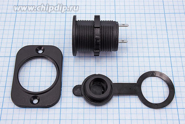 Гнездо прикуривателя под входной диаметр 20мм с защитной крышкой, на панель; №1055 гн пит прикур d20x38\2T\12В\ пан2отв/d29\рез/крышка